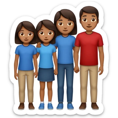 Make the daughter look younger and smaller than her two brothers. Keep the family as one mom, one dad, two sons, and one daughter, all with medium skin and dark brown hair, in apple emoji style. sticker
