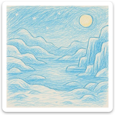 whimsical icy planet landscape for a children's book page, soft blue and white tones, gentle snow, shimmering ice, large open area for text, no characters, friendly and magical atmosphere sticker