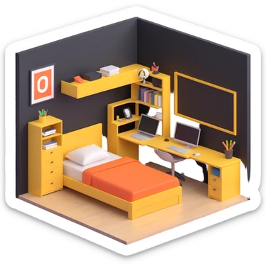 3D layout of teen bedroom with bed against wall, corner desk, and storage units sticker
