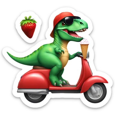 Dinosaur wearing sunglasses on scooter with a ice cream hat eating a bow of strawberries  sticker