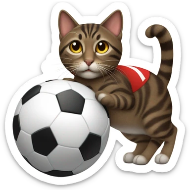 dark brown tabby cat playing soccer in a red soccer jersey sticker