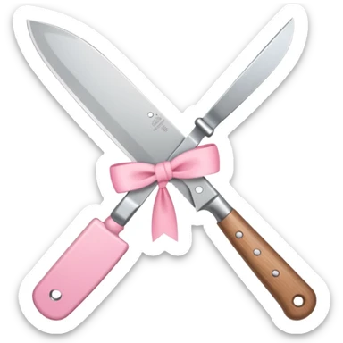 Emoji style illustration of a kitchen knife with a cute pink bow tied around the handle, minimalistic, clean design, white background, soft colors, flat vector style, kawaii emoji sticker