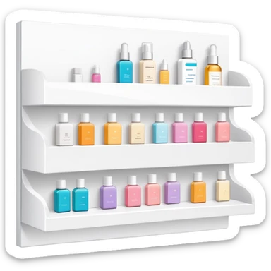 big long white shelf with one serum bottle labeled beauty brand and large sticky note next to it sticker