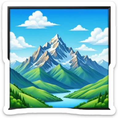 The background showcases majestic mountains, lush green valleys, and a bright blue sky with fluffy clouds. The sun casts warm light over the landscape, emphasizing the beauty of outdoor cycling. sticker