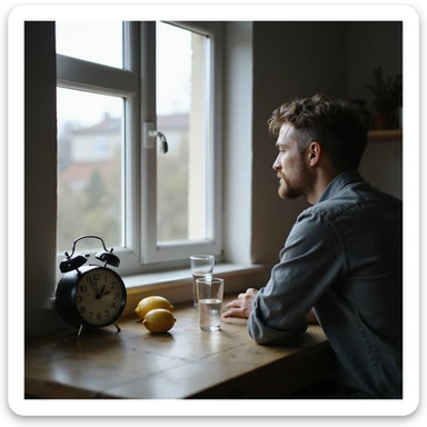 hyperrealistic 4K image of a man looking out the window, table set only with water and lemon, kitchen clock prominently showing 23 hours, atmosphere of waiting and concentration, Zen environment sticker