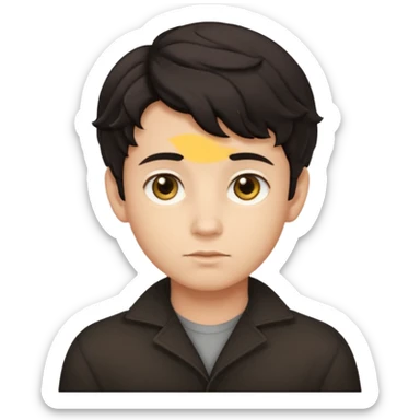 This avatar of boy has tightly curled dark hair styled upward, a rounded face with golden-brown eyes, and a neutral expression sticker