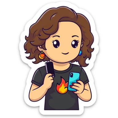 brunette girl with wavy medium length hair, brown eyes, light/medium skin tone, holding iPhone and light phone, wearing black tee shirt with flames on it and colorful beaded charm necklace sticker