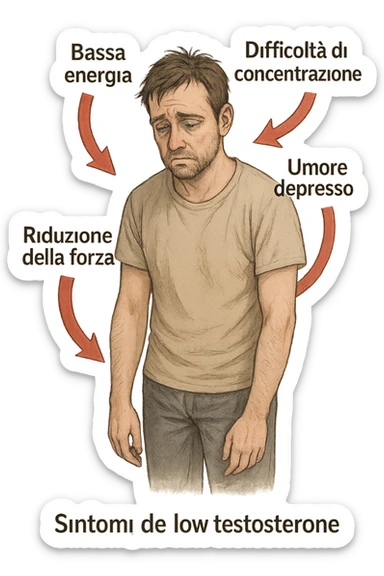  un uomo con espressione affaticata, circondato da frecce rosse che evidenziano sintomi di testosterone basso. Le frecce sono accompagnate da scritte in italiano come “Bassa energia”, “Difficoltà di concentrazione”, “Umore depresso”, “Riduzione della forza”. L’ambiente è semplice, con colori neutri e dettagli realistici. sticker