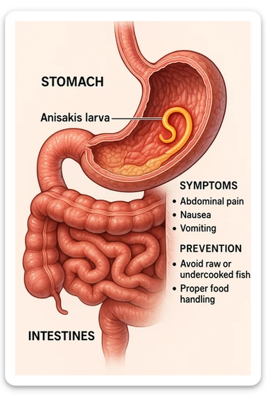 a cutaway view of the human digestive tract, showing an Anisakis larva attached to the stomach or intestinal wall. The parasite is highlighted in color, with surrounding tissue rendered in realistic detail. Educational labels describe symptoms and prevention. sticker