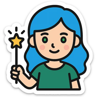 beautiful girl with blue hair and green eyes, holding a magic wand, wearing a dark green dress, color icon style sticker