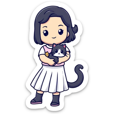 A beautiful girl with long black hair wearing a white skirt holds a cute white cat in her arms sticker