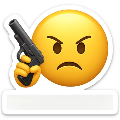 Create a classic yellow angry emoji holding a gun in hand, in the style of Apple emojis, with no background. sticker