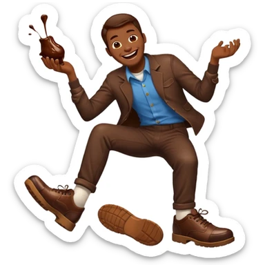 Man laughing with chocolate sauce on shoe sticker