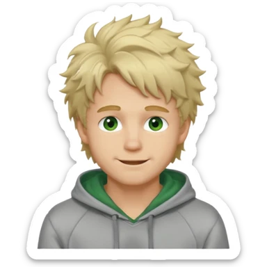 Handsome, fluffy messy  hair blond guy with green eyes and grey hoodie closed mouth sticker