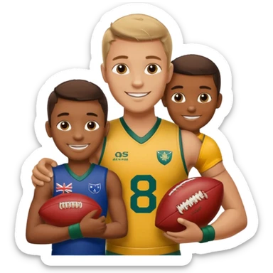 A sportsman has his arm around a young fan and they are holding a AFL sherrin, they are in australian colours, they are smiling, one is white and one is brown sticker