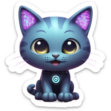 A futuristic cat with glowing circuit patterns on its fur, sitting on a keyboard with a tiny holographic display projecting from its paws. sticker