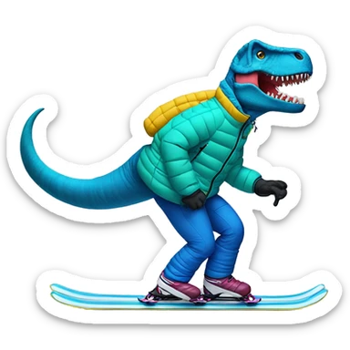 Tyrannosaurus rex downhill skiing wearing a puffer jacket, vibrant colors sticker