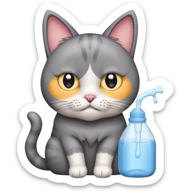 Sad cat with tear and thrown with fabric softener bottle  sticker