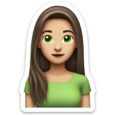 Create a brunette girl with long hair and a pink lock of hair, with green eyes, holding a phone, the light from the phone should fall on the girl sticker