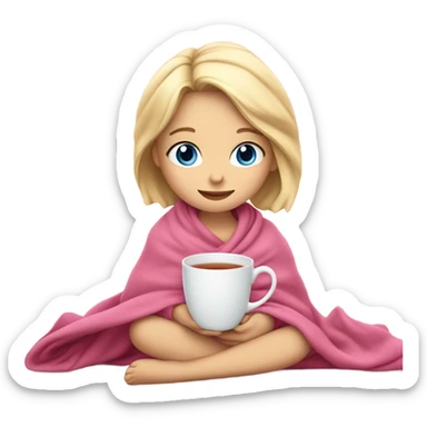 Cute blonde little girl blue eyes cup of tea pink blanket sticker