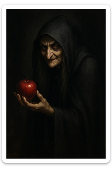 Snow White witch, classic fairytale villain, holding a red apple, dark cloak, mysterious expression sticker