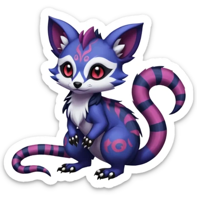 Rare warm-colored exotic gloomy tropical edgy cute epic aesthetic spooky indigo purple white black red gothic colorful Salandit-Furret-Espurr-Meowstic-Civet-species-Fakemon-hybrid-creature, with tribal tattoo markings, full body sticker