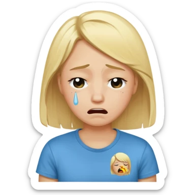 person in normal clothes crying, blonde hair, wearing a t-shirt sticker