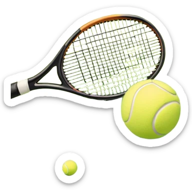 A tennis racket and a ball placed on a grassy court, with the net visible in the background. The scene captures the elegance and energy of the sport, with a vibrant green court and soft sunlight highlighting the equipment. sticker
