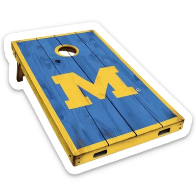 Cornhole board blue and yellow with Michigan “M” sticker