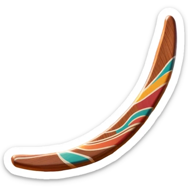 Cinematic Realistic image of a classic boomerang, rendered with detailed wood grain textures and vibrant colors, set against a sunlit outback landscape that emphasizes its iconic Australian heritage sticker