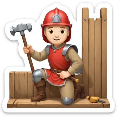 a happy medieval white man with a helmet kneeling and knocking with a hammer sticker
