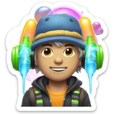 Caucasian boy at rave wearing a glowing outfit and hat with bubble guns in each hand sticker