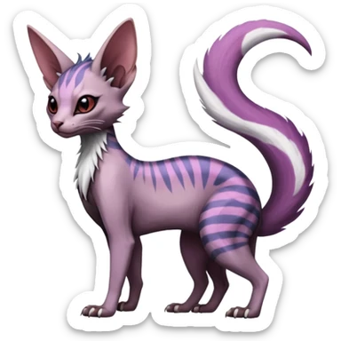Furry, fluffy feathery scaly, Purple, white, black, Minccino-Sphynx-Lykoi-Linoone-Zangoose-fusion-hybrid-animal-Fakémon-creature, full body, thin long sleek scaly tail, intricate markings sticker