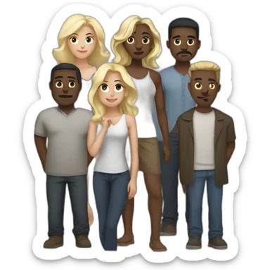 six dark-skinned men stand in a row behind a pale blonde woman sticker