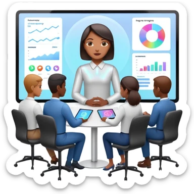 the AI-Enabled Workplace, team meeting with holographic displays, AI presence sticker