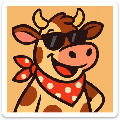 playful cow character with sunglasses and polka-dot neckerchief, smiling, vibrant toon sticker