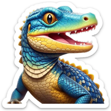 Cinematic Cute Yawning Monitor Lizard Portrait Emoji, Head tilted slightly with a dramatic, wide-open yawn, showcasing textured, patterned scales and sleepy, half-closed eyes exuding relaxed charm, Simplified yet irresistibly adorable features, highly detailed, glowing with a soft, cozy glow, high shine, relaxed yet expressive, stylized with a dash of whimsical wildness, soft glowing outline, capturing the essence of a drowsy yet affectionate reptile that appears ready to stretch out for a nap! sticker