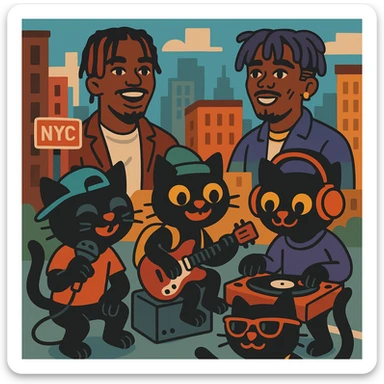flat toon style funky black cat gang making music in New York with Playboi Carti and Lil Uzi Vert in the background sticker