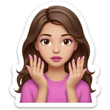 girl with long wavy brown hair, brown eyes, light to medium complexion, in a pink shirt, pink lips, long lashes, puckered lips, showing off painting nails sticker