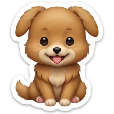 Cute small brown fluffy dog emoji icon. Round face, short muzzle, light brown fur with slightly darker ears, small black nose, happy smiling expression with tongue out. Soft friendly eyes, sitting pose with front paws together. Simple clean vector style, minimal details, kawaii style. sticker