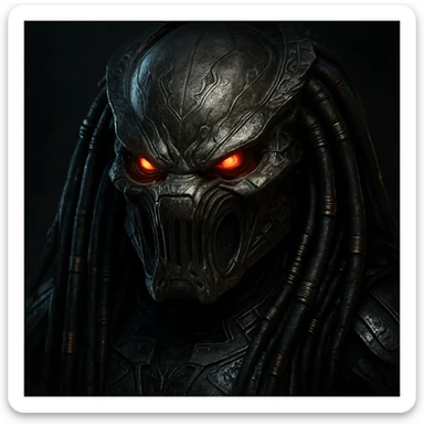 Yautja (Predator) mask with an angry, aggressive expression, detailed sci-fi design sticker