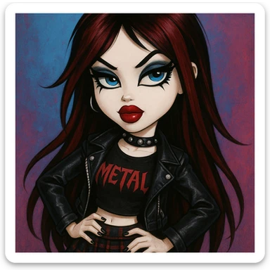 Pretty Bratz baddie with emo alternative style: long dark red hair, pale skin, blue eyes, strong black eyeliner, and a confident, stylish pose. sticker