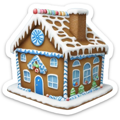 A blue and white gingerbread house sticker
