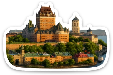 cinematic, realistic emoji of Quebec City, featuring a skyline with iconic landmarks such as Château Frontenac, the Old City walls, and the St. Lawrence River, with lifelike detail, accurate colors, bright lighting, wide city view, fully transparent background sticker
