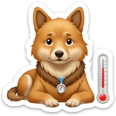 A sick dog lying down with a digital thermometer placed next to it, showing a fever.
The dog looks tired and weak, with a warm and cozy indoor atmosphere. sticker