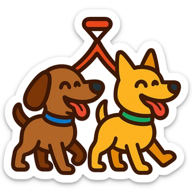 original emoji for selling double leash for walking two dogs, representing joy, control, and harmony, showing two happy dogs walking together with a double leash, vibrant and friendly style sticker