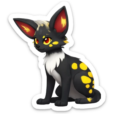 black Shiny Fionbri-Falvie-sparkle-sona with yellow eyes, red edgy markings full body fursona sticker