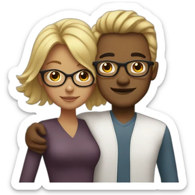 blonde woman and brown man with glasses that make a hug sticker