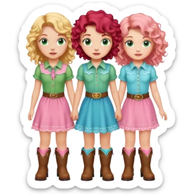 3 girls one with dark short hair in a green shirt one with curly red hair in a pink cowgirl dress and boots and one with long wavy blonde hair in a cute baby blue set sticker