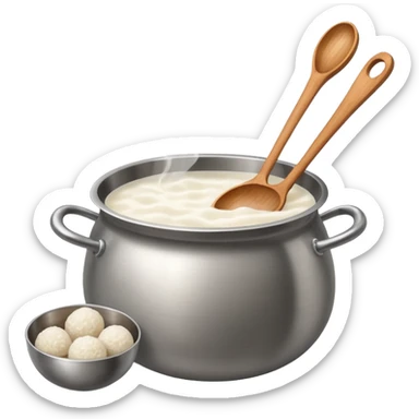 deep stainless steel pot with boiling water and floating glutinous rice flour balls and wooden spoon sticker